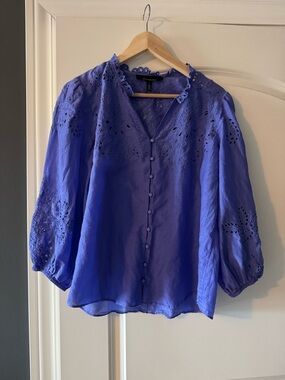 White House Black Market Periwinkle Eyelet Button-Front Blouse
